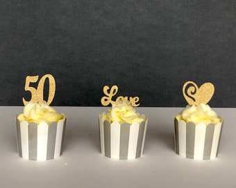 Golden 50th anniversary 12 x cupcake toppers, 50, heart, love.