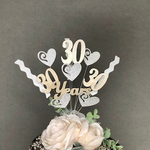 Adorno para tarta con tarjeta de purpurina del 30.º aniversario de bodas con perlas