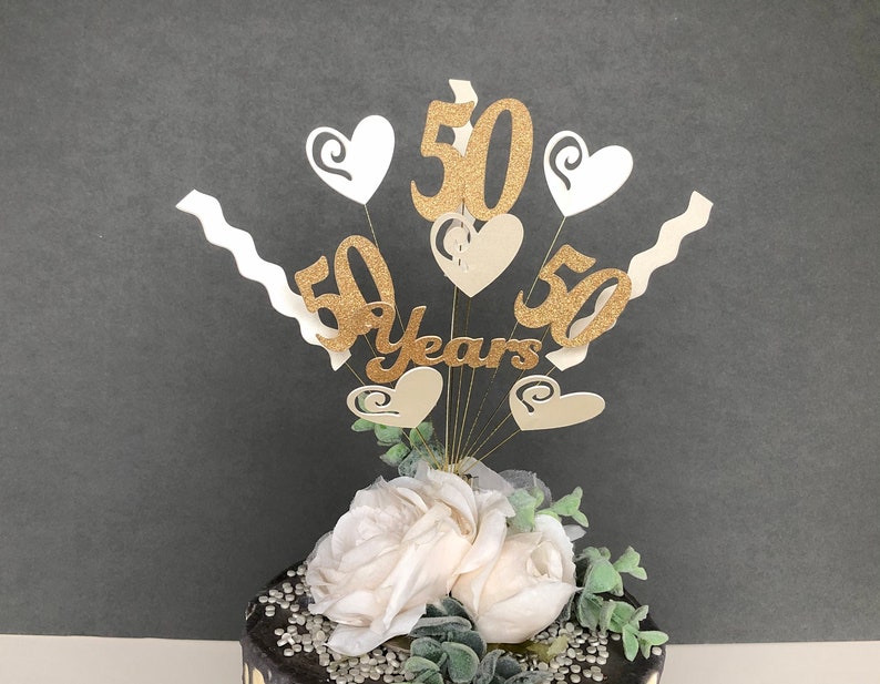 50th golden wedding anniversary glitter card cake topper
