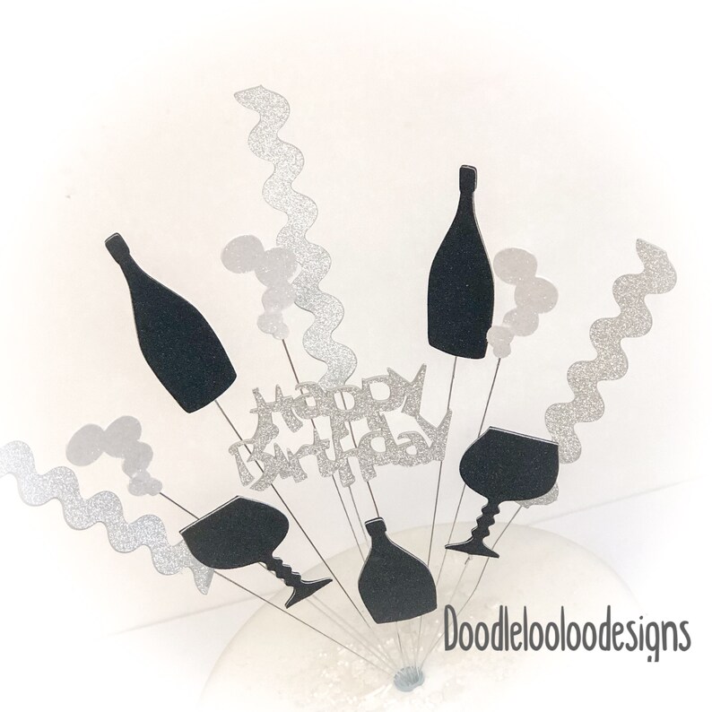 Silver and black bottles and glasses Happy birthday glitter card cake topper