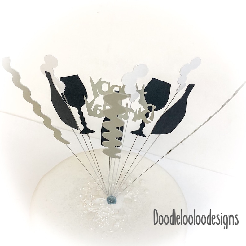 Silver and black bottles and glasses Happy birthday glitter card cake topper