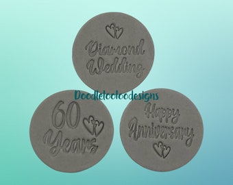 Diamond wedding, 60 years or happy anniversary, fondant icing embosser, stamp, cookie, cupcake.