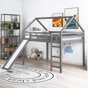 Full Size Loft Bed with Slide, House Bed with Slide