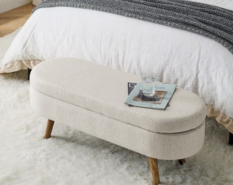 Oval Storage Bench, Rubber Wood Legs, Beige（43.5“x16”x16“）