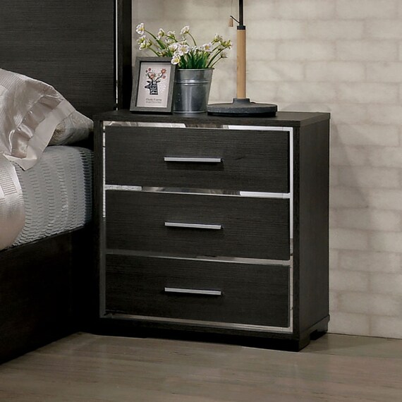 Nightstand Solid Wood Warm Gray Sleek Modern Lines Chrome Trim Etsy