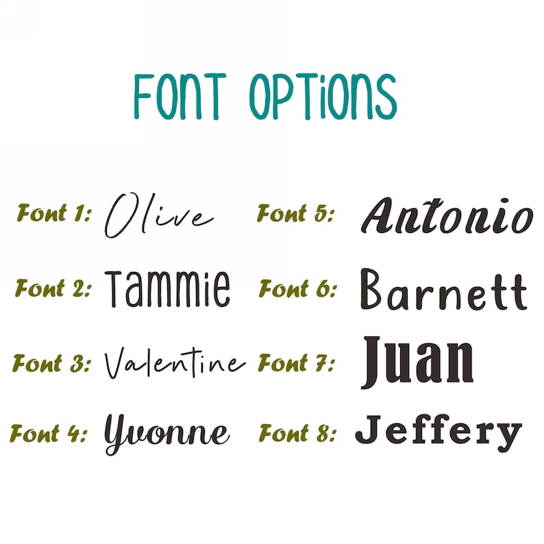 May include: A graphic showing eight different font options for names. The fonts are labeled "Font 1" through "Font 8" and each font is shown with a sample name.