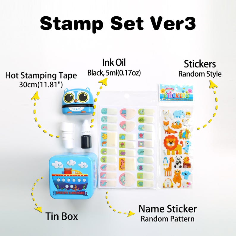 May include: A blue and white tin box with a ship design. The box contains a blue and white owl stamp, a bottle of black ink, a roll of hot stamping tape, and a sheet of stickers. The stickers are in a variety of designs, including animals and letters. The text on the box reads "Adventure Awaits".