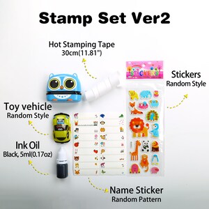 May include: A blue and white owl-shaped stamp set with a toy vehicle, ink, and stickers. The set includes a roll of hot stamping tape, 30 inches long, and a sheet of name stickers with a random pattern. The stickers feature a variety of animal designs.