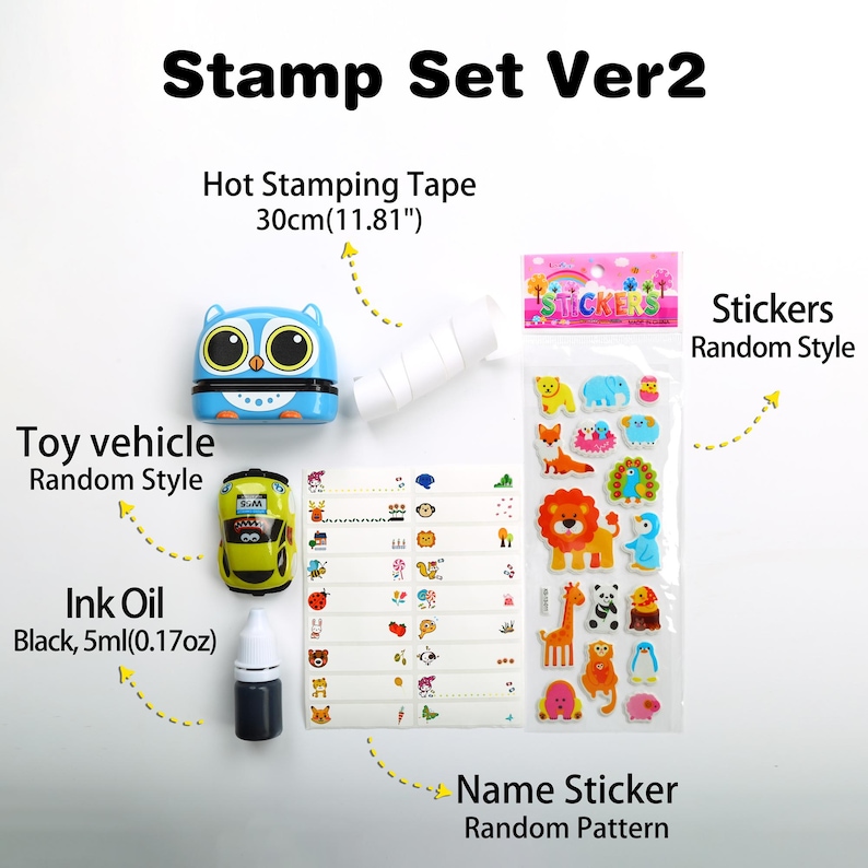 May include: A blue and white owl-shaped stamp set with a toy vehicle, ink, and stickers. The set includes a roll of hot stamping tape, 30 inches long, and a sheet of name stickers with a random pattern. The stickers feature a variety of animal designs.