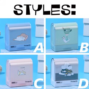May include: Four different styles of self-inking stamps with various cartoon animal designs. The stamps are all rectangular and have a clear plastic top. The bottom of the stamps are white with the text "9SELU" and "Printer25" printed on them. The designs on the stamps include a cat, a llama, a dog, and a hippopotamus.