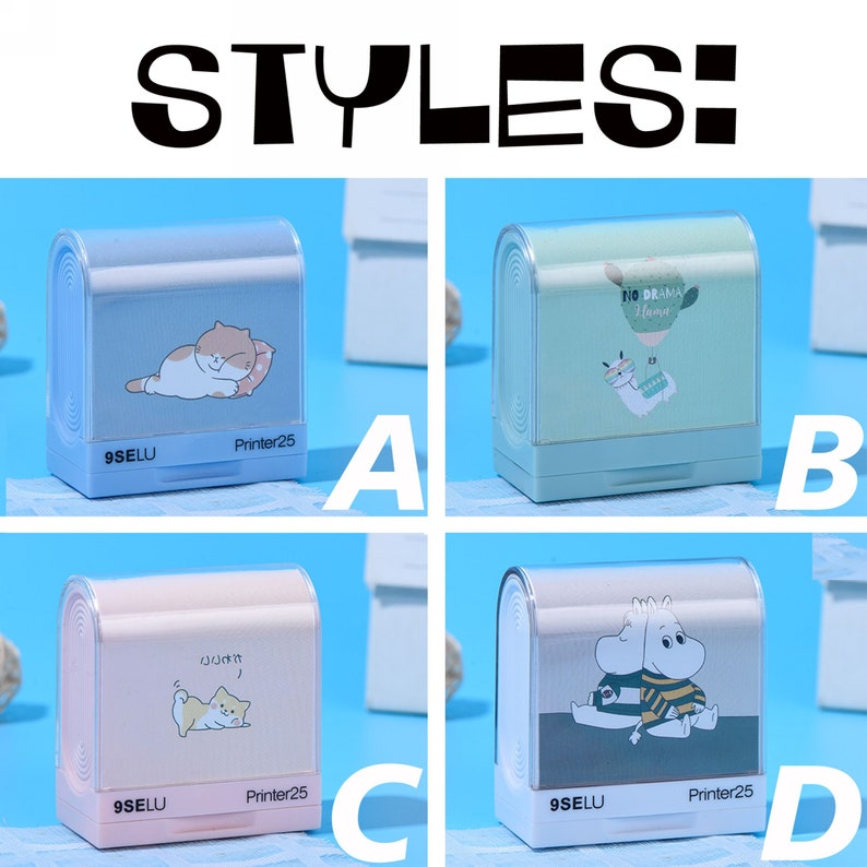 May include: Four different styles of self-inking stamps with various cartoon animal designs. The stamps are all rectangular and have a clear plastic top. The bottom of the stamps are white with the text "9SELU" and "Printer25" printed on them. The designs on the stamps include a cat, a llama, a dog, and a hippopotamus.