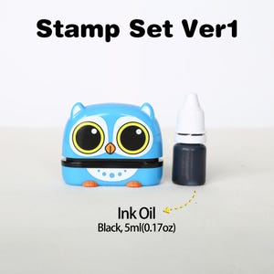 May include: Blue owl-shaped self-inking stamp with black ink and a separate bottle of black ink oil, labeled "Ink Oil Black, 5ml(0.17oz)".