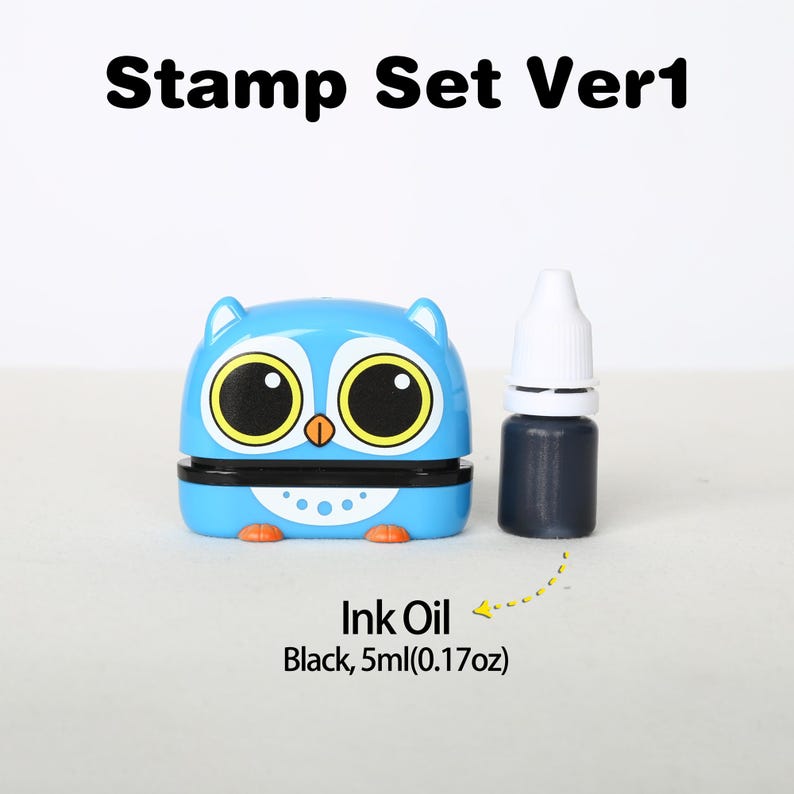 May include: Blue owl-shaped self-inking stamp with black ink and a separate bottle of black ink oil, labeled "Ink Oil Black, 5ml(0.17oz)".