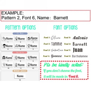 May include: A chart with options for customising personalised name labels. The chart shows 13 different patterns for boys and girls, and 8 different font styles. The text reads "Example: Pattern 2, Font 6, Name: Barnett" and "Pls be kindly noted: If you don't choose the font, it will be made in Font 6."