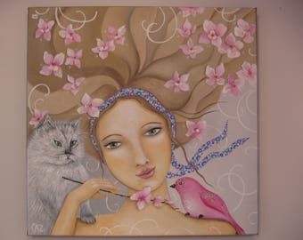 Peinture,demoiselle au chat gris , univers fleuri, oiseau rose et fleurs, romantique