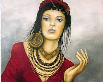 Brown woman painting, red dress, ethnic