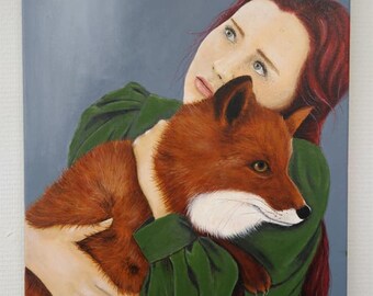 portrait woman with fox, young girl with animal