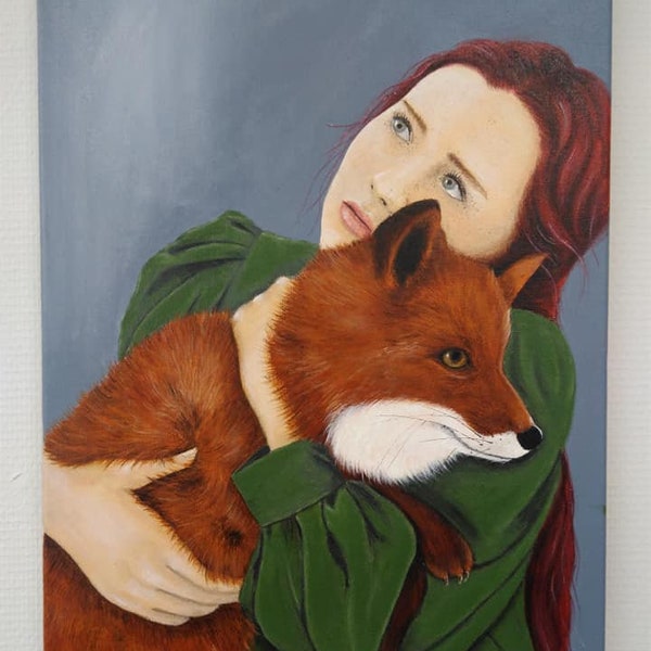 portrait femme au renard, jeune fille avec animal