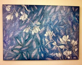 Magnolias 2, peinture acrylique, fleurs, feuillage, bleu, blanc