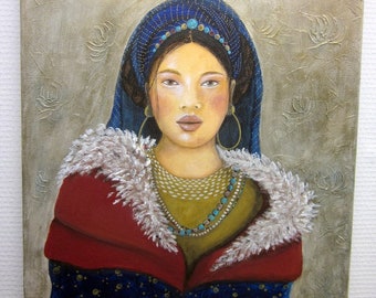 ethnic woman painting, blue, red, Tibet, Asia