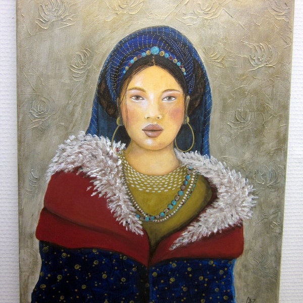 peinture de femme ethnique, bleu, rouge, Tibet, Asie