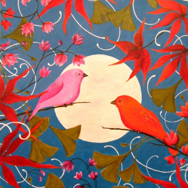 peinture mon paradis oiseaux, exotique, acrylique