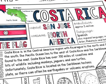 Costa Rica Coloring Page and Graphic Organizer Country Study Printable perfect for Educational Homeschool Coloring & Country Research