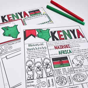 Kenia Kleurplaat en graphic organizer Printbaar informatieblad Country Study, perfect voor thuisonderwijs, kleurplaten en landenonderzoek