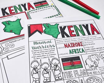 Kenya Coloring Page and Graphic Organizer Country Study Printable Fact Sheet perfect for Educational Homeschool Coloring & Country Research