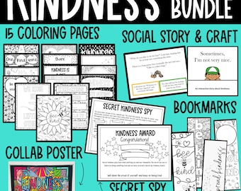 May include: A colourful printable activity bundle for teaching children about kindness. The bundle includes colouring pages, a social story, a craft, bookmarks, and a secret kindness spy challenge. The text "KINDNESS BUNDLE" is at the top of the image.