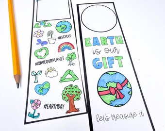 May include: A printable Earth Day coloring page with two sections. The left side features a variety of Earth Day themed illustrations, including a flower, a butterfly, a tree, a rainbow, and a globe. The right side features a large globe with a red ribbon and the text "EARTH is our GIFT let's treasure it".