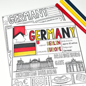 Duitsland Kleurplaat en graphic organizer Printable factsheet Country Study, perfect voor thuisonderwijs kleurplaten