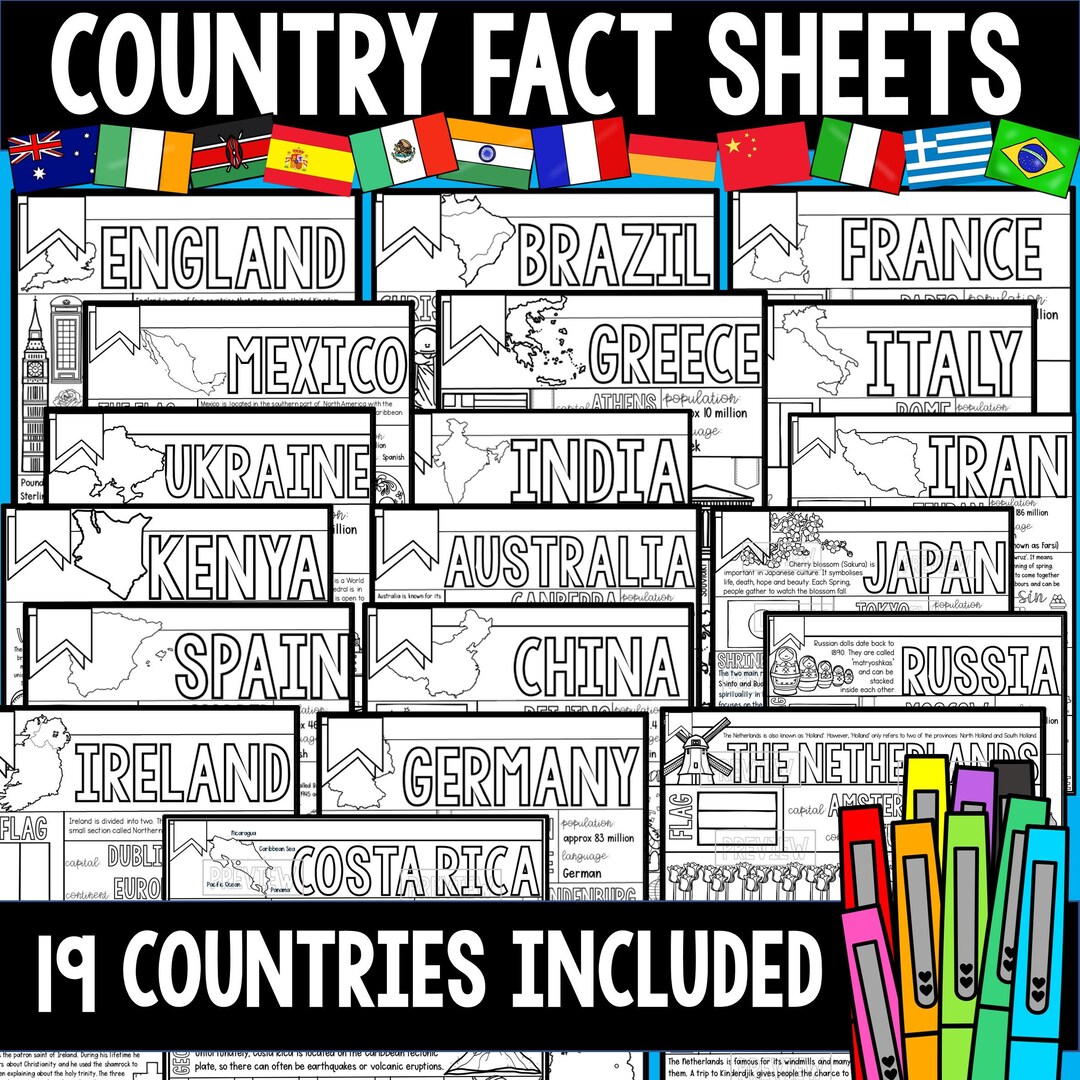 Around the World Country Coloring Fact Files Bundle 19 Countries ...