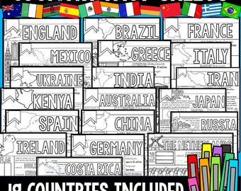 Around the World Country Coloring Fact Files Bundle 25 countries included plus bonus paper suitcase craft