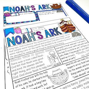 May include: A colorful printable worksheet for kids about Noah's Ark from the Bible. The worksheet features a cartoon illustration of Noah's Ark with animals on board, and text that reads "Noah's Ark" and "Book Genesis Chapters 6-9".