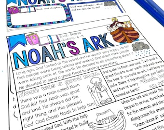 May include: A colorful printable worksheet for kids about Noah's Ark from the Bible. The worksheet features a cartoon illustration of Noah's Ark with animals on board, and text that reads "Noah's Ark" and "Book Genesis Chapters 6-9".