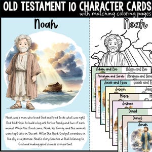 May include: A set of Old Testament character cards with matching colouring pages. The image features a watercolour illustration of Noah, the ark, and a rainbow. The text reads "Noah was a man who loved God and tried to do what was right."