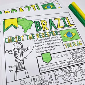 Brazilië Kleurplaat en grafische opberger Country Study afdrukbare factsheet, perfect voor thuisonderwijs kleurplaten