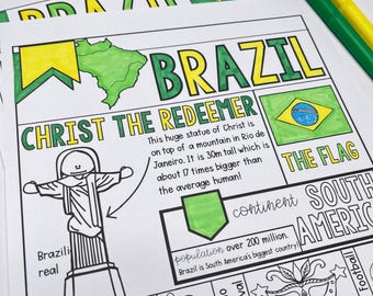May include: A black and white illustration of the Christ the Redeemer statue in Rio de Janeiro, Brazil. The illustration is surrounded by text about the statue and Brazil, including the words "Christ the Redeemer", "Brazili real", "The Brazilian flag", "continent", "South America", "population over 200 million", "The Rio", "Carnival", "Football", and "The second longe".