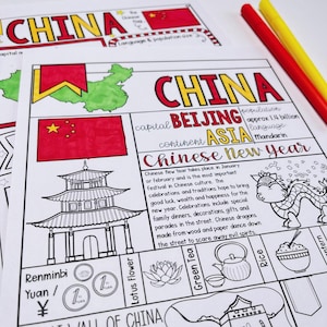 China kleurplaten pagina en grafische organisator afdrukbare factsheet voor landstudie, perfect voor thuisonderwijs, kleurplaten en landenonderzoek