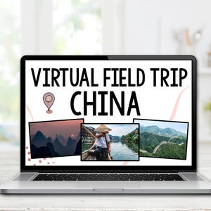 May include: A laptop screen displaying a virtual field trip to China. The screen shows three images of different landmarks: the Li River, the ancient city of Fenghuang, and the Great Wall of China. The text "VIRTUAL FIELD TRIP CHINA" is displayed at the top of the screen.