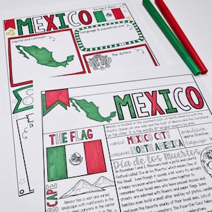 Página para colorear y organizador gráfico de México. Hoja informativa imprimible para estudiar el país. Perfecta para colorear en casa y para fines educativos.