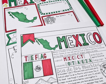 May include: A printable worksheet for learning about Mexico. The worksheet includes a map of Mexico, a flag, and information about the country's capital, population, continent, and the holiday Dia de los Muertos.