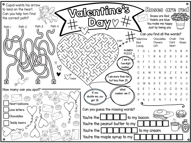 Valentines Day Coloring Pages and Activity Placemat - Valentine's Day ...