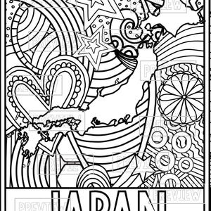 May include: A black and white coloring page featuring a stylized map of Japan with a heart, stars, and swirls. The word "JAPAN" is written in bold letters at the bottom of the page.