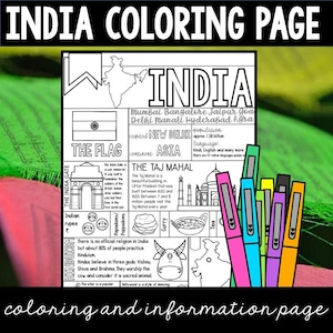 India Kleurplaat en grafische organizer Landenstudie afdrukbare factsheet, perfect voor thuisonderwijs kleurplaten