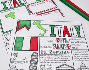 Italy Coloring Page and Graphic Organizer Country Study Printable Fact Sheet perfect for Educational Homeschool Coloring