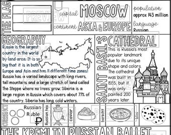 Russia Coloring Page and Graphic Organizer Country Study Printable Fact Sheet perfect for Educational Homeschool Coloring