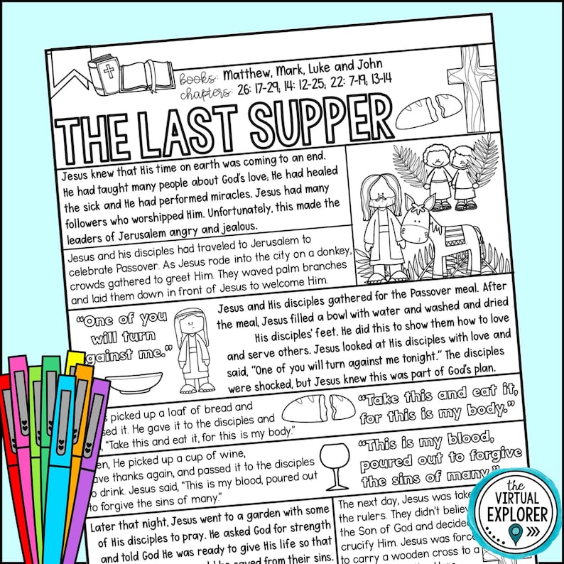 The Last Supper Bible Lesson Coloring Page and Comprehension Activities ...