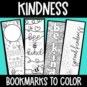 May include: Four black and white printable bookmarks with a kindness theme. The bookmarks feature different designs including bees, hearts, and a mandala pattern. The text on the bookmarks includes "It's cool to be kind", "Bee kind", "Be kind", and "Spread kindness".